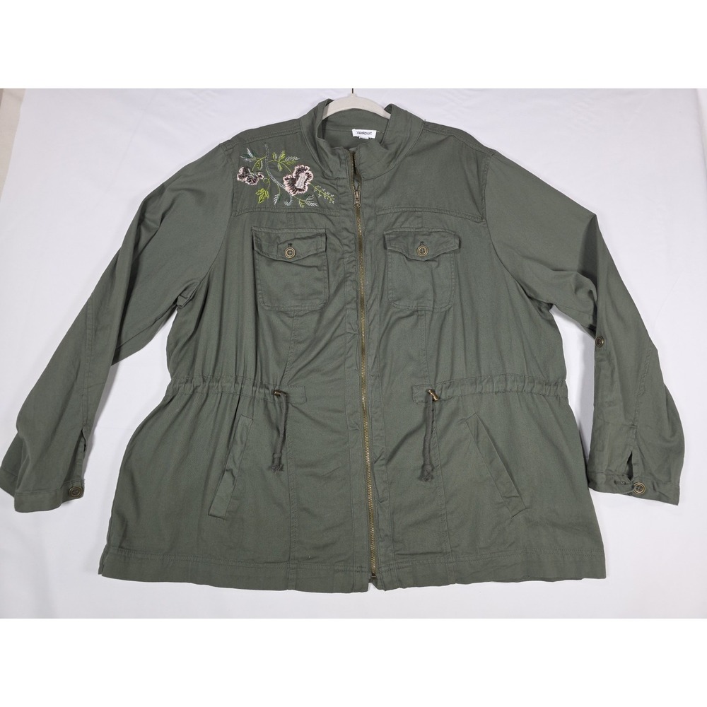 WestPort Women Jacket 3X Military Green Floral Embroidered Utility Safari Cotton